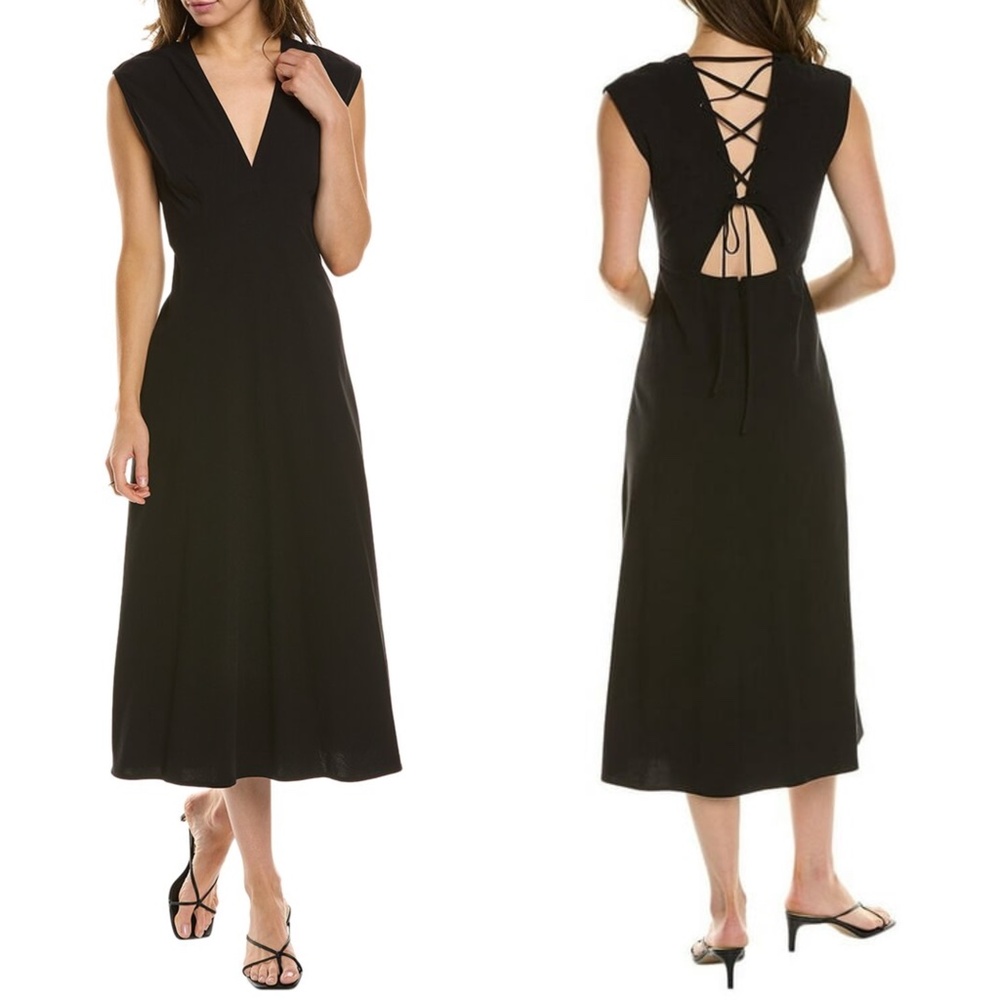 NEW A.L.C. Amelie BLACK Cotton V-NECK Lace-Up Back MIDI DRESS 4